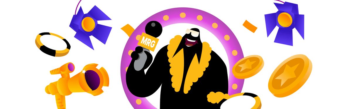 Illustration of Mr. Gamble presenting 2025 new online casino trends with coins and spotlights