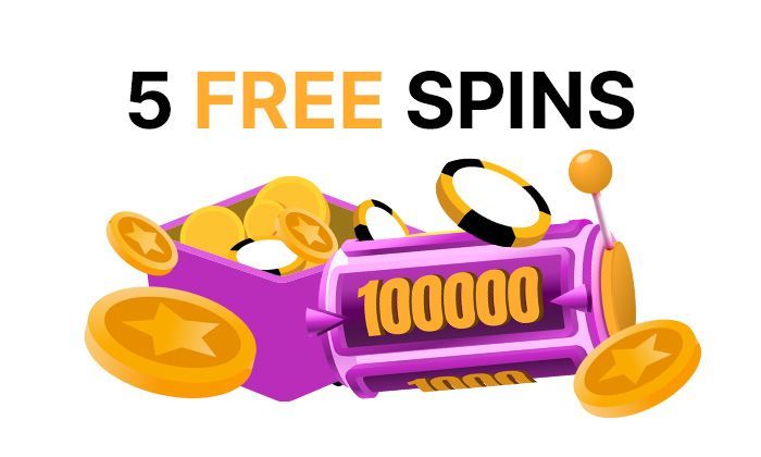 Coins and reel with 5 free spins without deposit text
