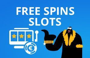 Graphic showing a slot machine and Mr. Gamble pointing at the text Free Spins Slots, promoting free spins offers on online slot sites.